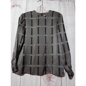 Kasper for A.S.L. Petite‎ Blouse Black Cream Geometric Satin Long Sleeve Size 2P